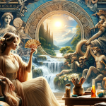 image that visually represents the meaning of the name Lydia. The scene should depict an elegant, cultured woman embodying the qualities ass