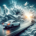 image to represent the theme ‘Unraveling the Subconscious The Meaning of Dreaming about a White Car’. The image should depict a surreal, dr