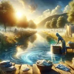 peaceful and introspective scene where an individual is engaged in the task of hand-washing clothes in an outdoor setting, surrounded by n