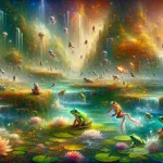 scene delves into the rich symbolism of dreaming about multiple frogs, set in a vibrant, mystical landscape that embodies the essence