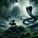 uma cena intensa e simbólica, capturando o momento exato de um ataque de cobra em um ambiente selvagem e misterioso. A cobra, grande e impon