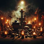 uma cena noturna e misteriosa, onde elementos de um ritual de macumba são dispostos de forma simbólica em um espaço aberto, sob a luz da lua