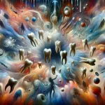 vivid and symbolic representation of dreaming about teeth, set against a backdrop that merges the abstract and the concrete to il