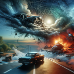 A dramatic and symbolic representation of a dream about a car crash, symbolizing life’s journey, obstacles, and the loss of control. The scene should