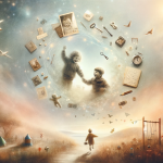 A dreamlike and nostalgic image capturing the essence of dreaming about a childhood friend. The scene is set in a soft, ethereal landscape that blends