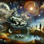 A dreamlike, symbolic image that visualizes the concept of ‘Interpreting Dreams The Meaning of Dreaming about a Dead Frog’. The scene is set in a sur