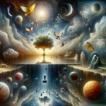 A dreamlike, symbolic image that visualizes the concept of ‘Interpreting Dreams The Meaning of a Falling Roof’. The scene is set in a surreal, reflec