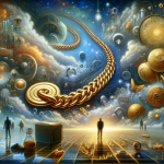 A dreamlike, symbolic image that visualizes the concept of ‘Unraveling Dreams The Symbolism of Dreaming about a Gold Chain’. The scene is set in a su