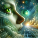 A mystical and insightful representation of a dream about green eyes, symbolizing new perspectives, vitality, and self-reflection. The scene should be