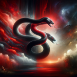 A mystical and symbolic representation of a dream featuring a black and red snake, embodying wisdom, transformation, and the duality of emotions. The
