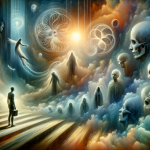 A profound and symbolic representation of the concept ‘Discovering the Meaning of Dreaming about News of Death.’ The scene is set in a surreal, dreaml
