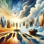 A reflective and symbolic image representing the concept of dreaming about hanging clothes. The scene is set in a surreal, metaphorical environment th
