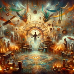 A rich and spiritual image representing the concept of dreaming about Umbanda, the Afro-Brazilian religion. The scene is set in a mystical and symboli