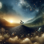 A serene and symbolic image representing the concept of dreaming about black soil. The scene should depict a peaceful, dream-like landscape with a foc