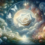 A serene and symbolic representation of the psychological meaning of dreaming about a white rose. The scene is set in a tranquil, dreamlike garden, il
