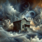 A surreal and evocative image representing the concept of dreaming about an abandoned house. The scene is set in a mysterious, dreamlike landscape tha