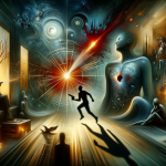A symbolic and intense image representing the concept of dreaming about being shot in the back. The scene is set in a surreal, metaphorical environmen