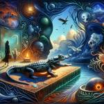 A thought-provoking and symbolic representation of the psychological meaning of dreaming about a small alligator. The scene is set in an enigmatic, dr