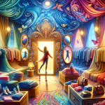 A vibrant and symbolic image representing the concept of receiving clothes in dreams. The scene is set in a whimsical, dreamlike fashion boutique that