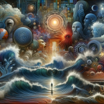 A visual representation of the subconscious exploration in dreams about high tides. The image includes symbolic elements like powerful waves of high t