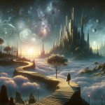 The image should visually convey the theme ‘In Unknown Lands Unraveling the Meaning of Dreaming About Unfamiliar Places’. Create a dreamlike, mysteri