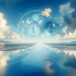 a peaceful and tranquil image representing the concept of dreaming about a blue sea. The scene includes a vast, serene seascape with a clear bl