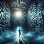 a suspenseful and intense image representing the concept of dreaming about being chased. The scene includes a shadowy, mysterious labyrinth or
